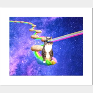 Cute tabby cat in outer space shooting cool rainbows from the sunglasses Posters and Art